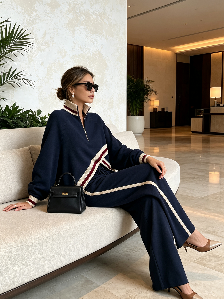ALLISTE - ivo blu con righe a contrasto e mezza zip