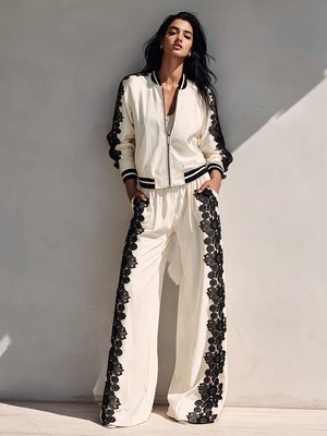 CLETO - Set bianco con top corto e pantaloni ampi in pizzo