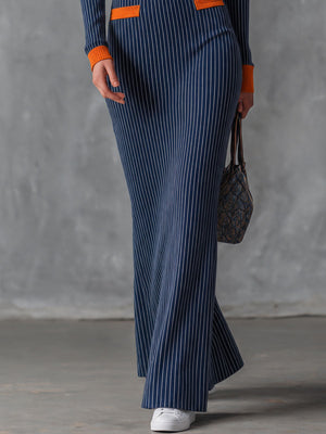 SUZZARA - Abito maxi blu in cotone gessato con colletto marinaretto