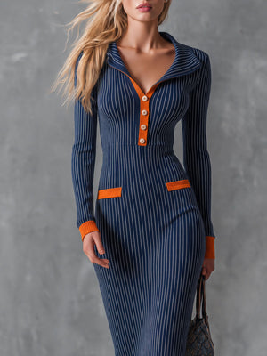 SUZZARA - Abito maxi blu in cotone gessato con colletto marinaretto