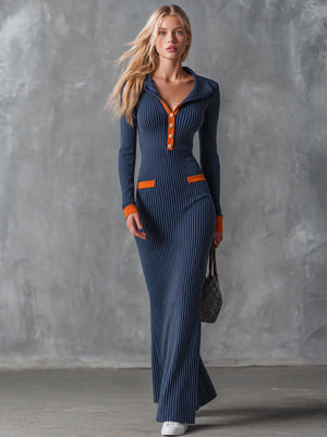 SUZZARA - Abito maxi blu in cotone gessato con colletto marinaretto