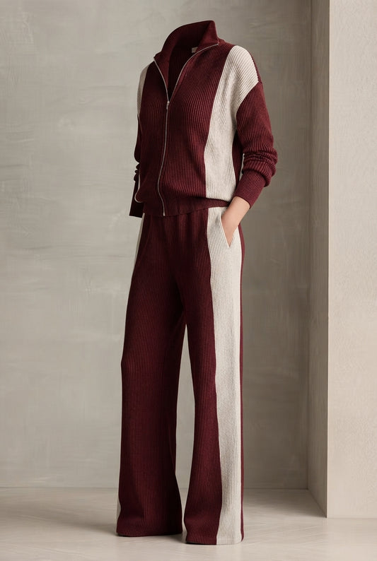 DOMASO - Set due pezzi in maglia bordeaux color-block