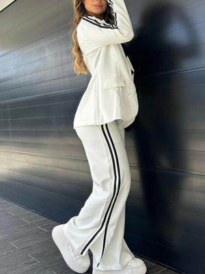 BONASSOLA - Completo due pezzi bianco e kaki con blazer e pantaloni elasticizzati