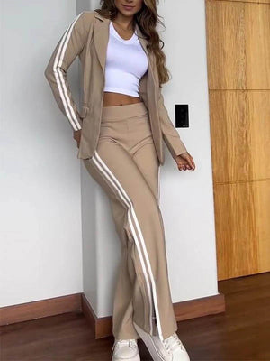 BONASSOLA - Completo due pezzi bianco e kaki con blazer e pantaloni elasticizzati