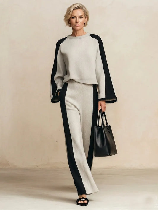 Women's Stylish Color-Block Cotton Long-Sleeve Top And Pants Two-Piece Set ZMZ1109H3SWL