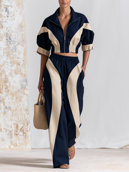 GAMBASCA - Set due pezzi blu e beige con giacca corta e pantaloni ampi