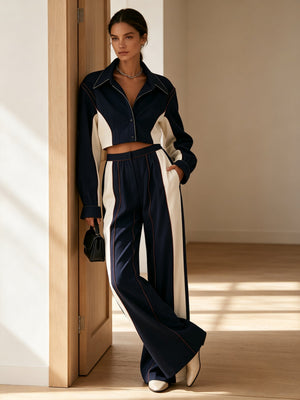 SCANDALE - Completo blu navy color block con camicia cropped e pantaloni ampi