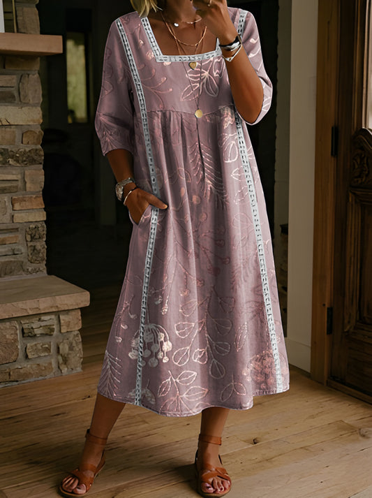 FELICIA - Women's Folk Printed Square Neck Hollow Cotton Pocket Dress