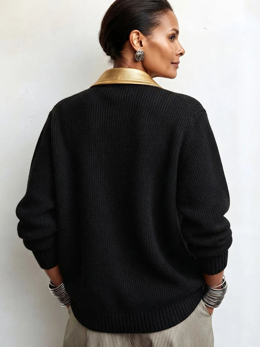 ANNICCO - Cardigan nero in maglia a coste con revers dorati metallici