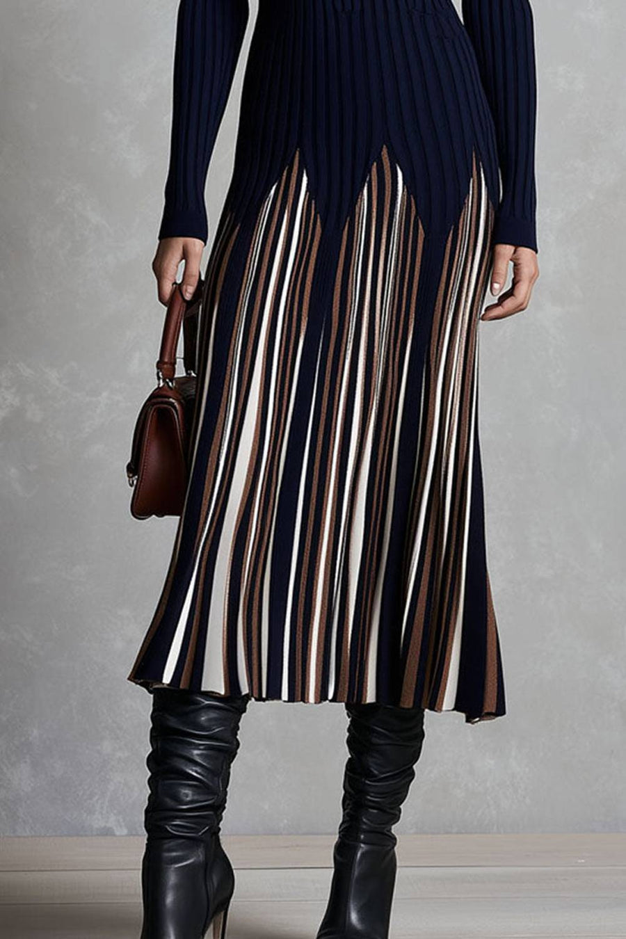 FASCIA - Abito midi a righe color block in maglia a coste con mezza zip
