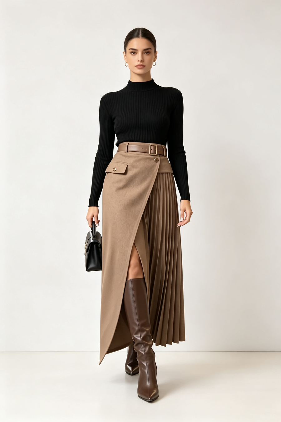 MATILDE - Gonna maxi color kaki con cintura e pieghe plissé
