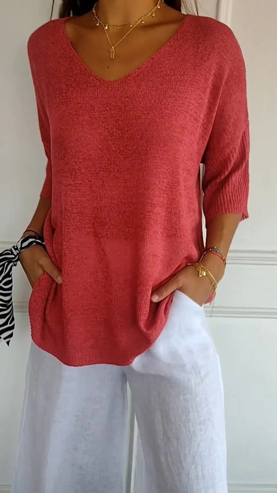 LUDOVICA - Top in maglia rosso con scollo a V