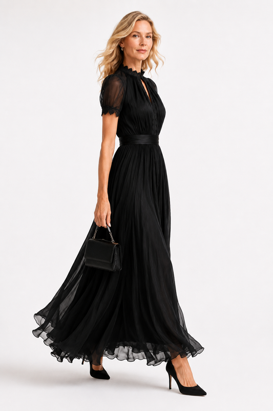 GIULIA - Maxi abito nero in chiffon