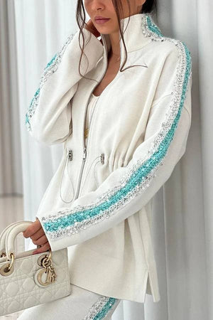 LETINO - Completo 2 pezzi in maglia testurizzata con paillettes, bianco e rosa