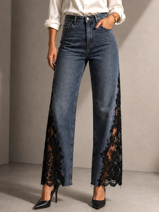 BOSARO - Jeans wide leg in denim blu con pannelli in pizzo