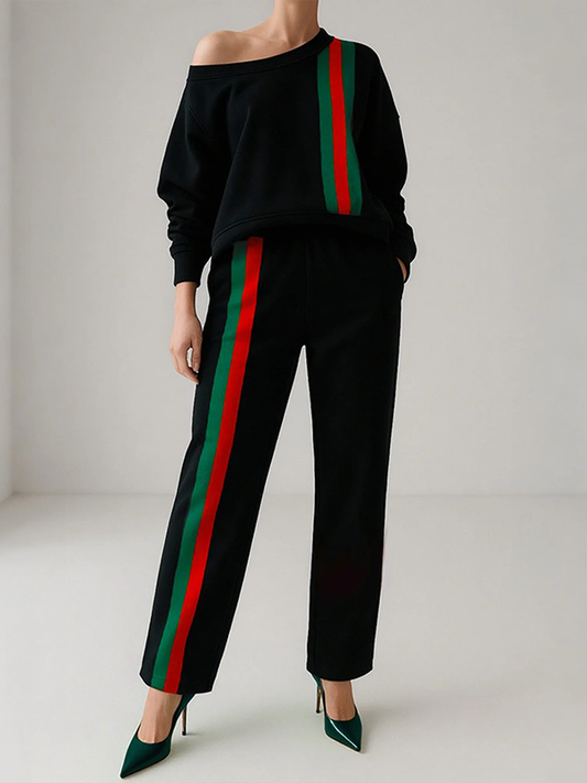 FIORDALISO - Pantaloni Neri Casual a Righe a Contrasto