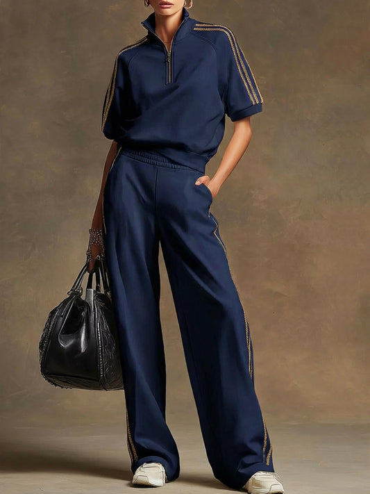 BOVALINO - Completo donna sporty a righe con zip e patchwork