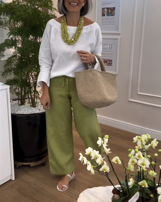 MARTINA - Set bianco e verde con maglia girocollo e pantaloni ampi