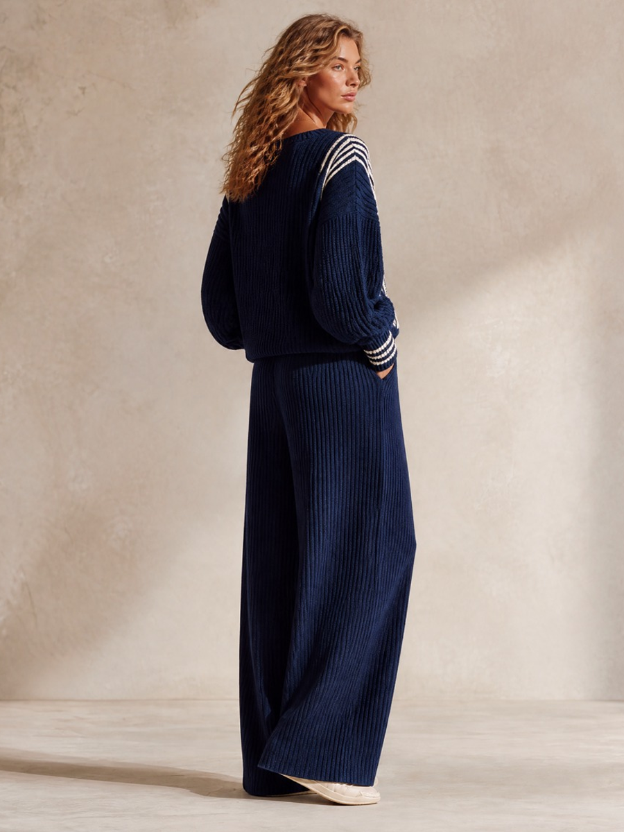 MAREBBE - Set due pezzi in maglia a coste blu a righe