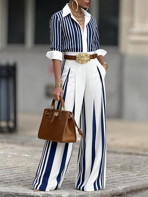 INVORIO - Completo Camicia Striata e Pantaloni Wide Leg a Vita Alta