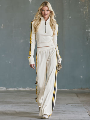OLZAI - Completo beige in cotone color-block con collo alto