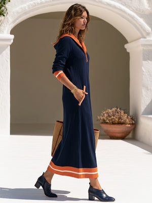 COLONNELLA - Abito maxi blu elasticizzato con colletto a contrasto