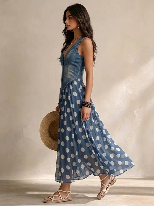 GIULIA - Abito Midi Blu a Pois in Chiffon