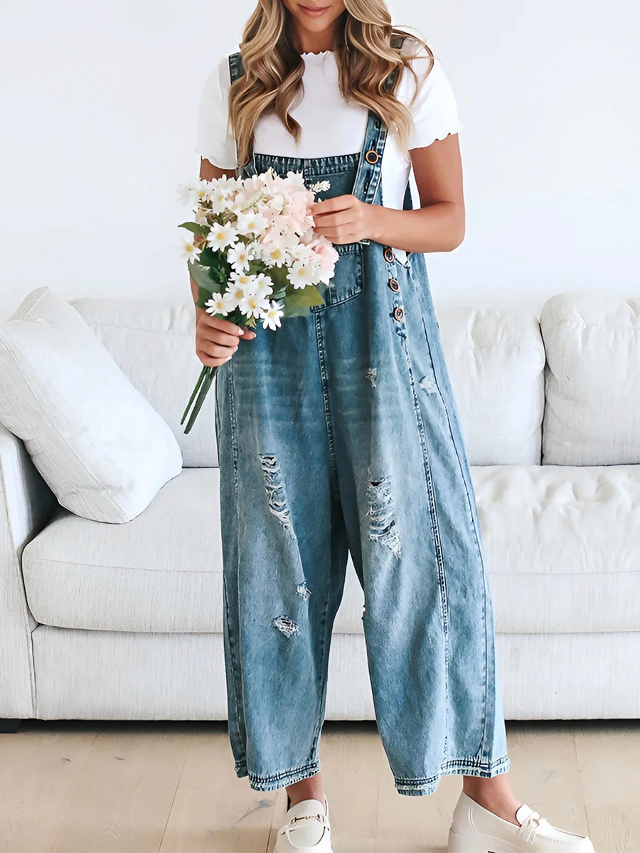 GIULIA - Salopette denim blu dal fit ampio distressed