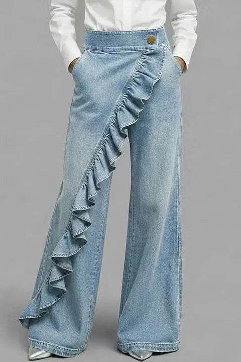 CIVO - Jeans wide leg in denim con vita alta e volant asimmetrici