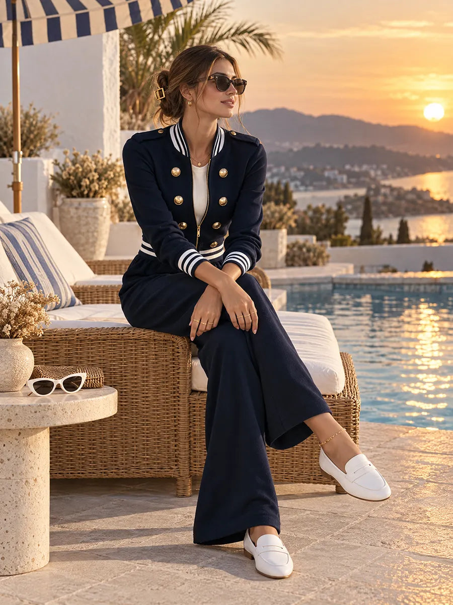 STELVIO - Tuta blu navy a righe con bottoni dorati e gamba ampia