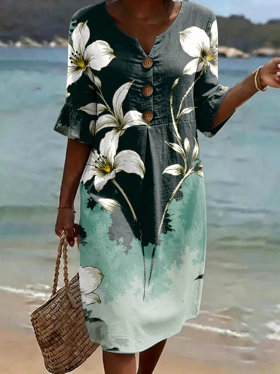 BRIONE - Abito midi floreale con collo a V