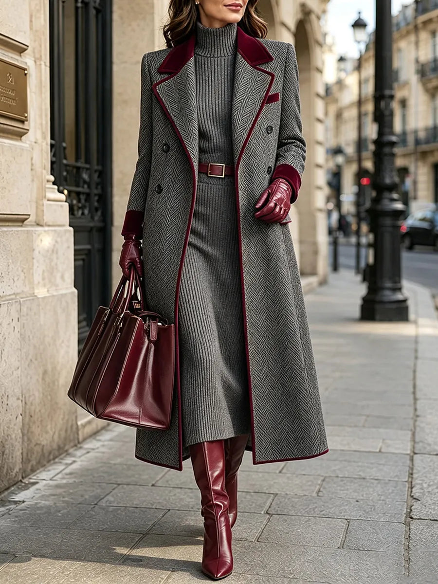 NONE - Cappotto lungo grigio in misto lana spigato