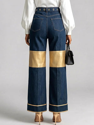 SELVINO - Pantaloni wide-leg in denim patchwork multicolor a vita alta