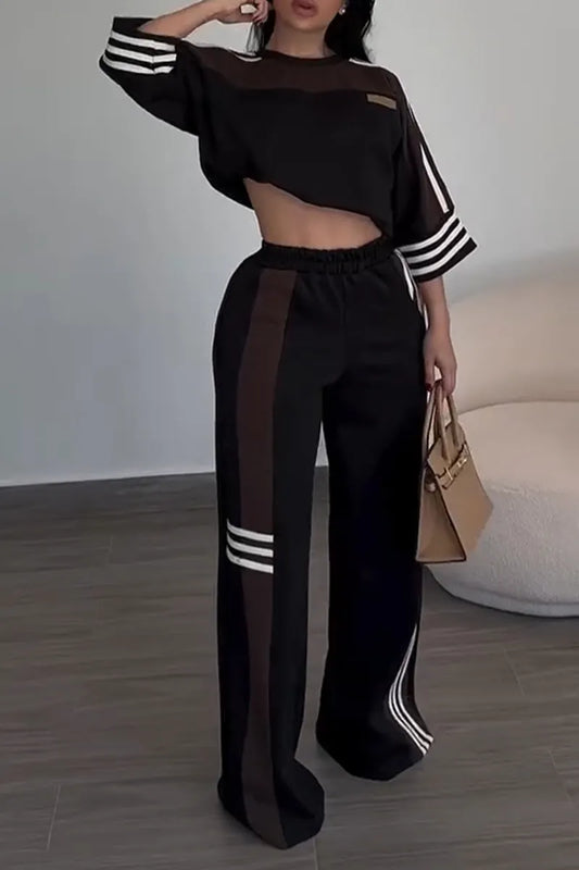 BIENTINA - Completo nero casual color block top e pantaloni palazzo