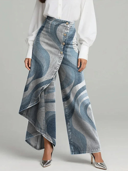 ASSOLO - Jeans multicolor a vita alta, gamba larga e stampa a righe