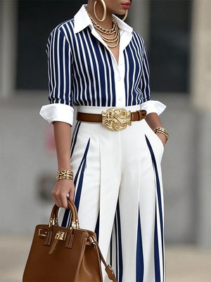 INVORIO - Completo Camicia Striata e Pantaloni Wide Leg a Vita Alta