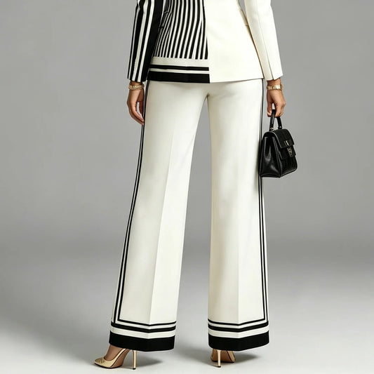 GAZZOLA - Pantaloni beige a gamba larga con righe irregolari a contrasto
