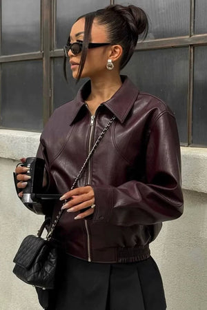 TICINETO - Giacca in pelle bordeaux con revers classico