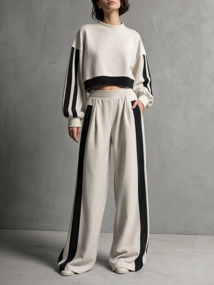 NUORO - Set due pezzi felpato beige e nero con pantaloni ampi