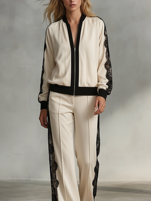 BANCHETTE - Completo bianco bomber con pizzo e pantaloni wide leg