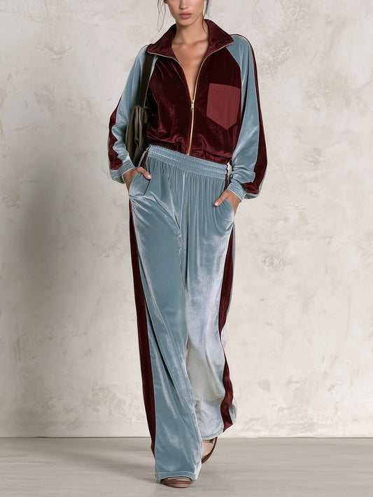 TREMEZZINA - Set due pezzi in velluto blu, giacca e pantaloni ampi