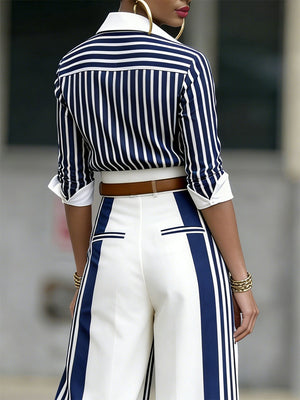 INVORIO - Completo Camicia Striata e Pantaloni Wide Leg a Vita Alta