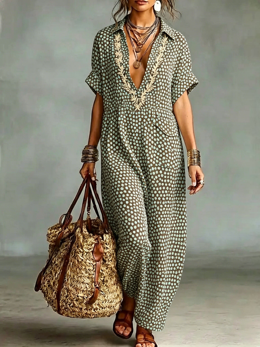 CAGLIO - Maxi abito boho ricamato in cotone e lino