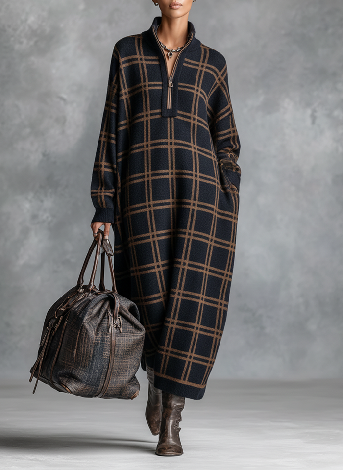 ABBATEGGIO - Abito maxi in maglia a quadri con collo zip