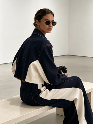SCANDALE - Completo blu navy color block con camicia cropped e pantaloni ampi