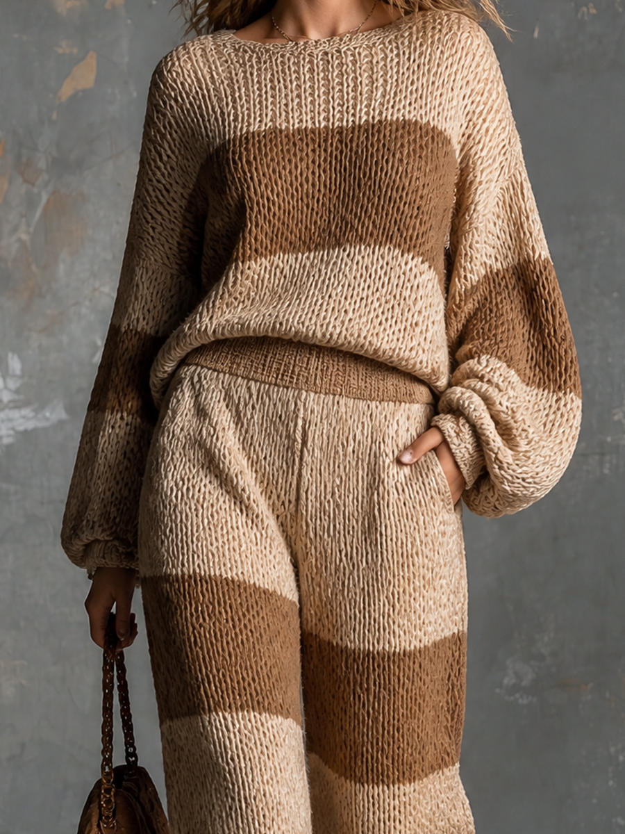 MORGANO - Set due pezzi in maglia beige cammello a righe larghe
