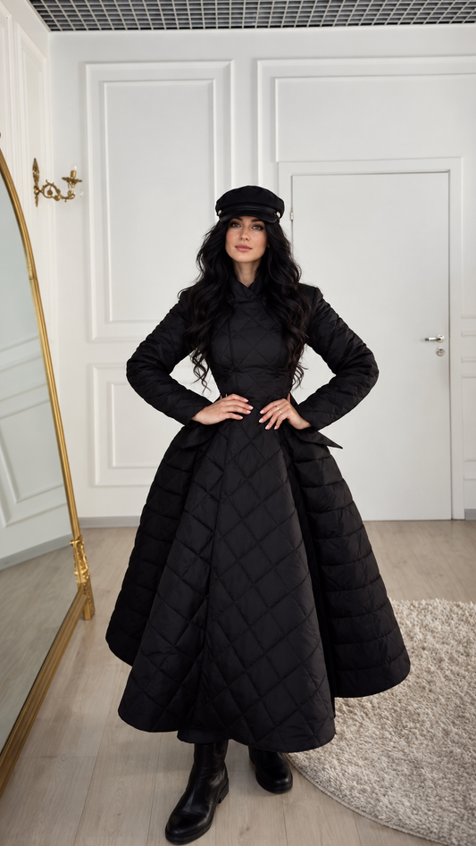 BIENTINA - Cappotto lungo nero trapuntato svasato