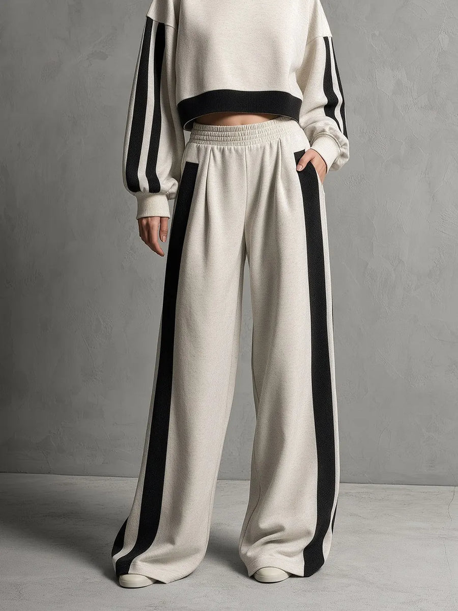 NUORO - Set due pezzi felpato beige e nero con pantaloni ampi