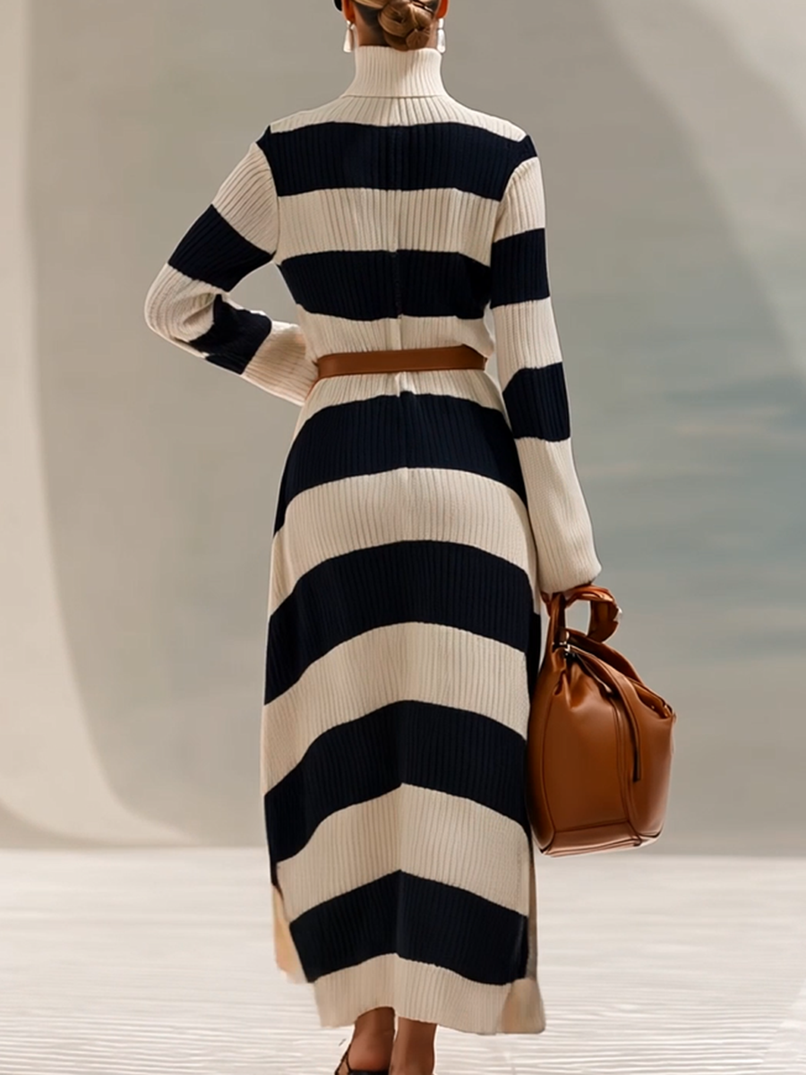 DUMENZA - Abito maxi in maglia blu navy e bianco a righe contrasto