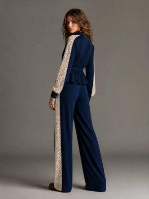 MELLO - Completo blu in maglia a coste, top zip e pantaloni ampi